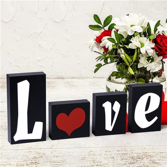 Valentines Day Table Decoration Love Wooden Blocks Love Signs (Black) - Picture 1 of 7
